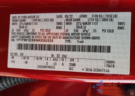 2022 Ford F150 Supercrew from USA, damaged, VIN 1FTFW1E5XNKE92535